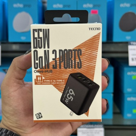 CUBO CARGADOR TECNO 65W Cubo USB Y TIPO C CON CARGA RAPIDA  A60T